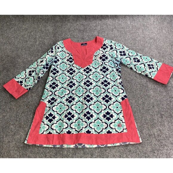 Simply Southern Tunic Medium Cover Up Aqua Pink Geometric 3/4 Sleeve Beach‎ Top - Picture 1 of 11